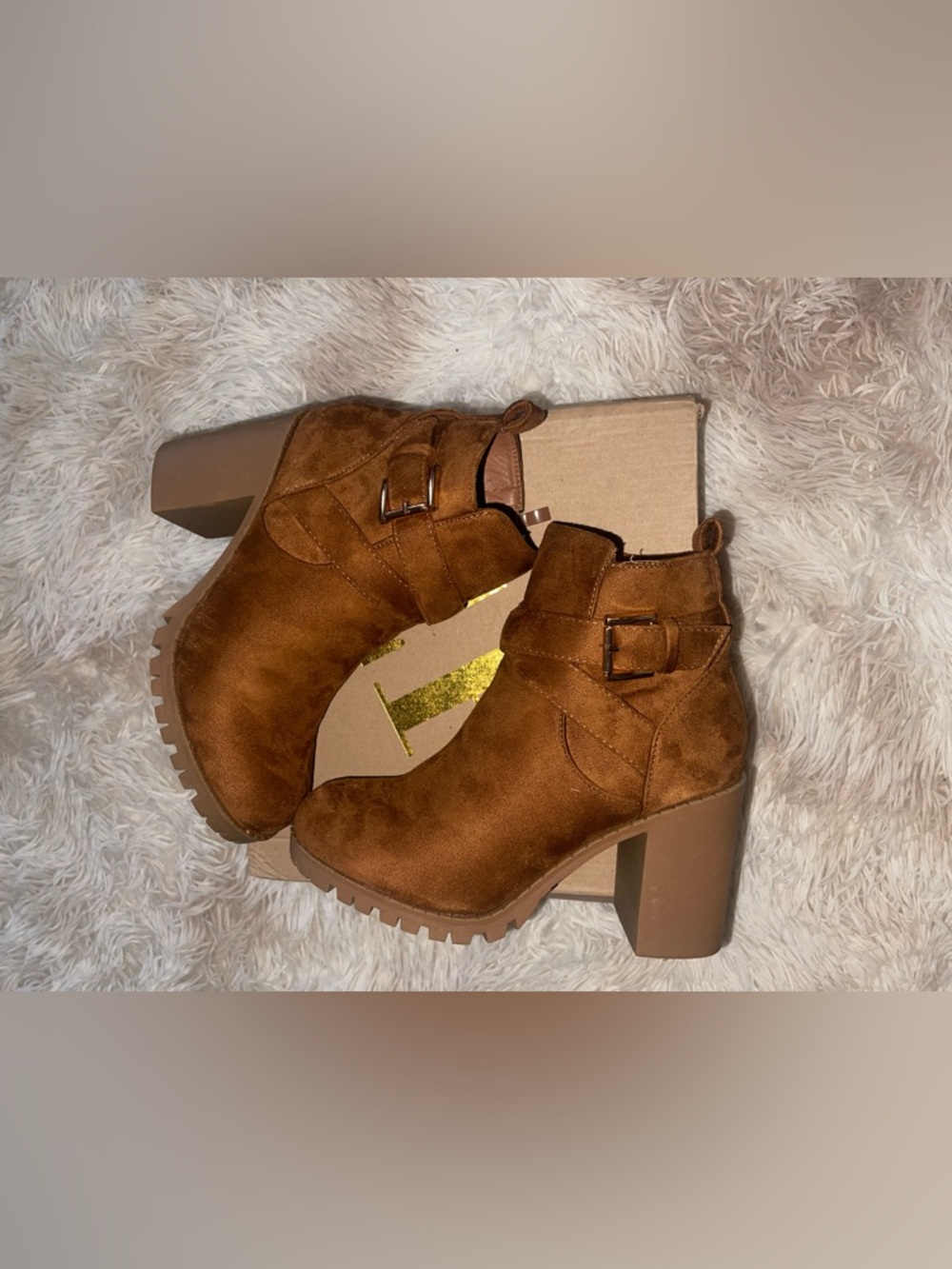 Charlotte Russe Tan Suede Buckle Block Heel Ankle Boots